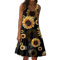 Summer Clothes for Women 2024 Floral Dresses for Women 2024 Vintage Print Ruched Fashion Loose Fit with Sleeveless Round Neck Tunic Dress Orange 3X-Large