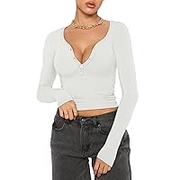 Women Sexy Button Up V Neck Henley T-Shirts Casual Basic Long Sleeve Slim Fitted Tops Ribbed Cropped Solid Shirts