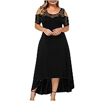 Summer Plus Size Maxi Dresses for Wedding Guest, Women Black Sexy Lace Cold Shoulder Short Sleeve Crewneck Long Dress