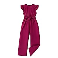 OYOANGLE Girl's Ruffle Trim Cap Sleeve Round Neck Belted Waist Wide Leg Cute Jumpsuit