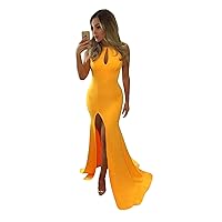 Women's Backless Mermaid Prom Dresses High Neck Side Split Evening Gowns Gold