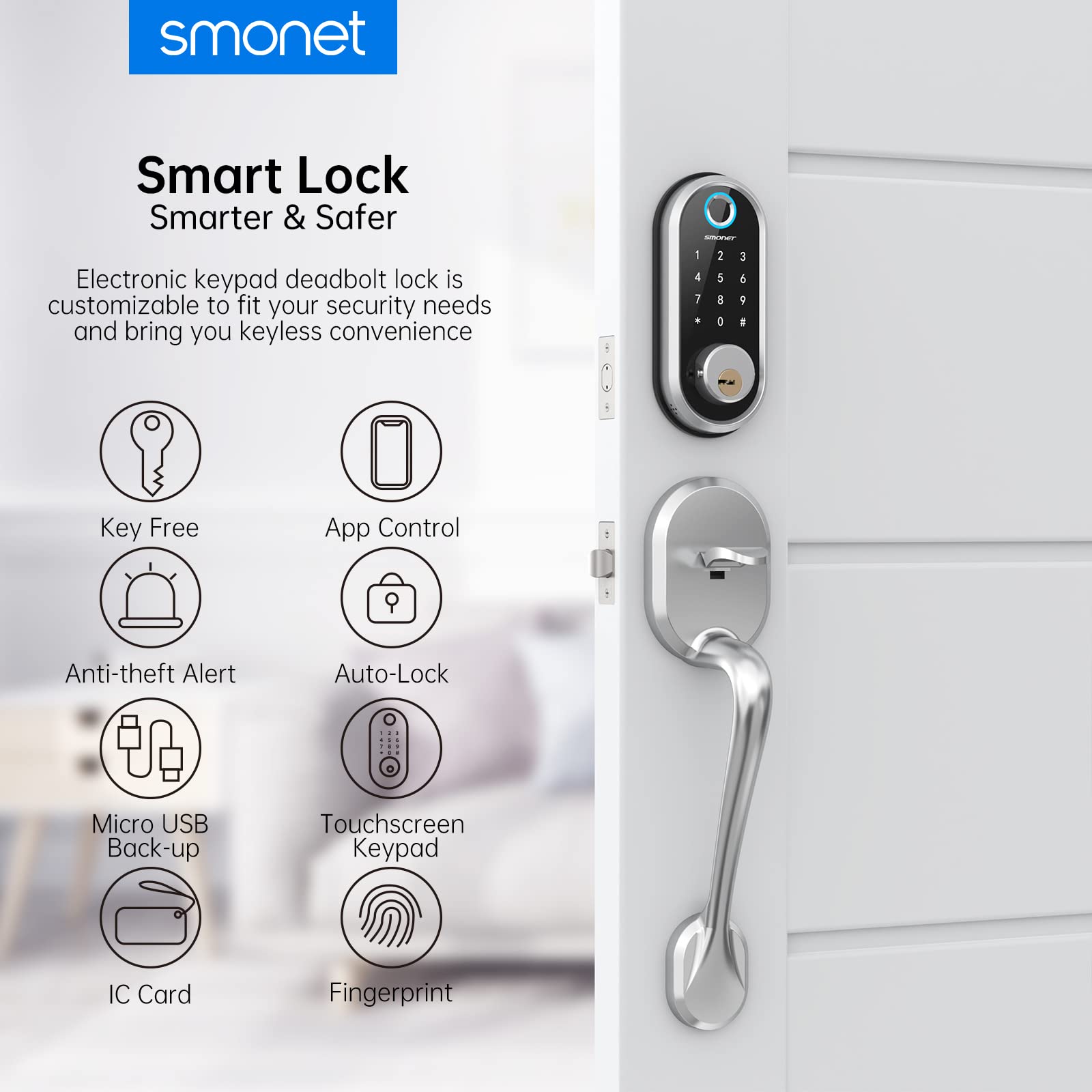 Smart Deadbolt, SMONET Fingerprint Electronic Deadbolt Door Lock with Keypad-Bluetooth Keyless Entry Keypad Smart Deadbolt App Control, Ekeys Sharing, Auto Lock for Homes and Hotel (with Handleset )