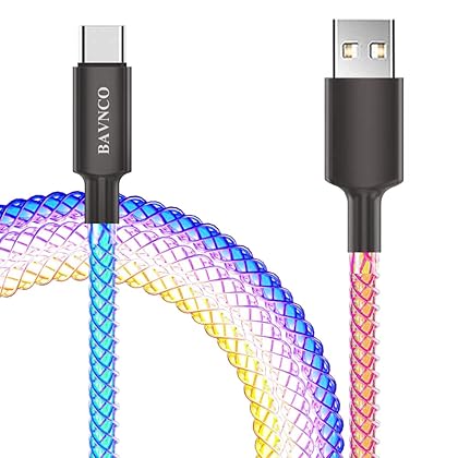 BAVNCO USB Type C Cable, 5ft LED RGB Light Gradual USB A to Type C Charger Cord 66W Fast Charging USB C Cable for Samsung Galaxy S21 S20 S10 S9 S8 Plus A60 A50 Note 20 10 9 8, LG More Android USB C