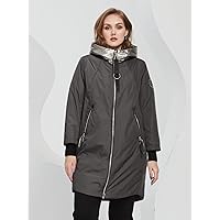 2022 Women's Plus Size Coats Fashion Plus Patch Detail Hooded Puffer Coat Work Leisure Fashion Comfortable Warm (Color : Dark Grey, Size : X-Large)