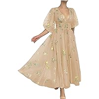 Women's Long Sleeves Glitter Flower Prom Dresses V-Neck Deep V Neck Formal Evening Maxi Dress with Flower Embroidery