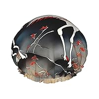 Two Japanese Cranes Flying Traditional Painting Full-Print Fashionable Shower Cap, Water-Resistant Polyester Fabric For Hair Protection