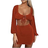 Sexy Dresses for Women-Womens Summer Two Piece Sexy Club Outfits Lantern Sleeve Bandage Wrap Crop Tops Slit Mini Skirts