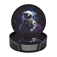 Drink Coasters Set of 6 Leather Coasters with Holder Astronaut Round Coaster for Drinks Tabletop Protection Cup Mat Heat Resistant Coffee Cup Mat 4