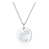 FindChic Birth Flower Disc Necklaces for Women with Birthstone Stainless Steel/Gold Plated/Sterling Silver Jan. to Dec. Guardian Month Floral Pendant Custom Engraved Dainty Jewelry +Gift Box