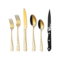 Stapava 48-Piece Gold Silverware Set with Steak Knives, Stainless Steel Flatware Cutlery Set for 8, Mirror Gold Utensils Fork Knife and Spoon Set for Home Kitchen Restaurant Wedding, Dishwasher Safe