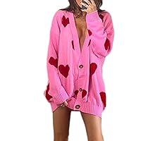 Women Valentines Day Heart Sweater Cardigan Casual Button Open Front Long Sleeve Knit Sweater Outerwear