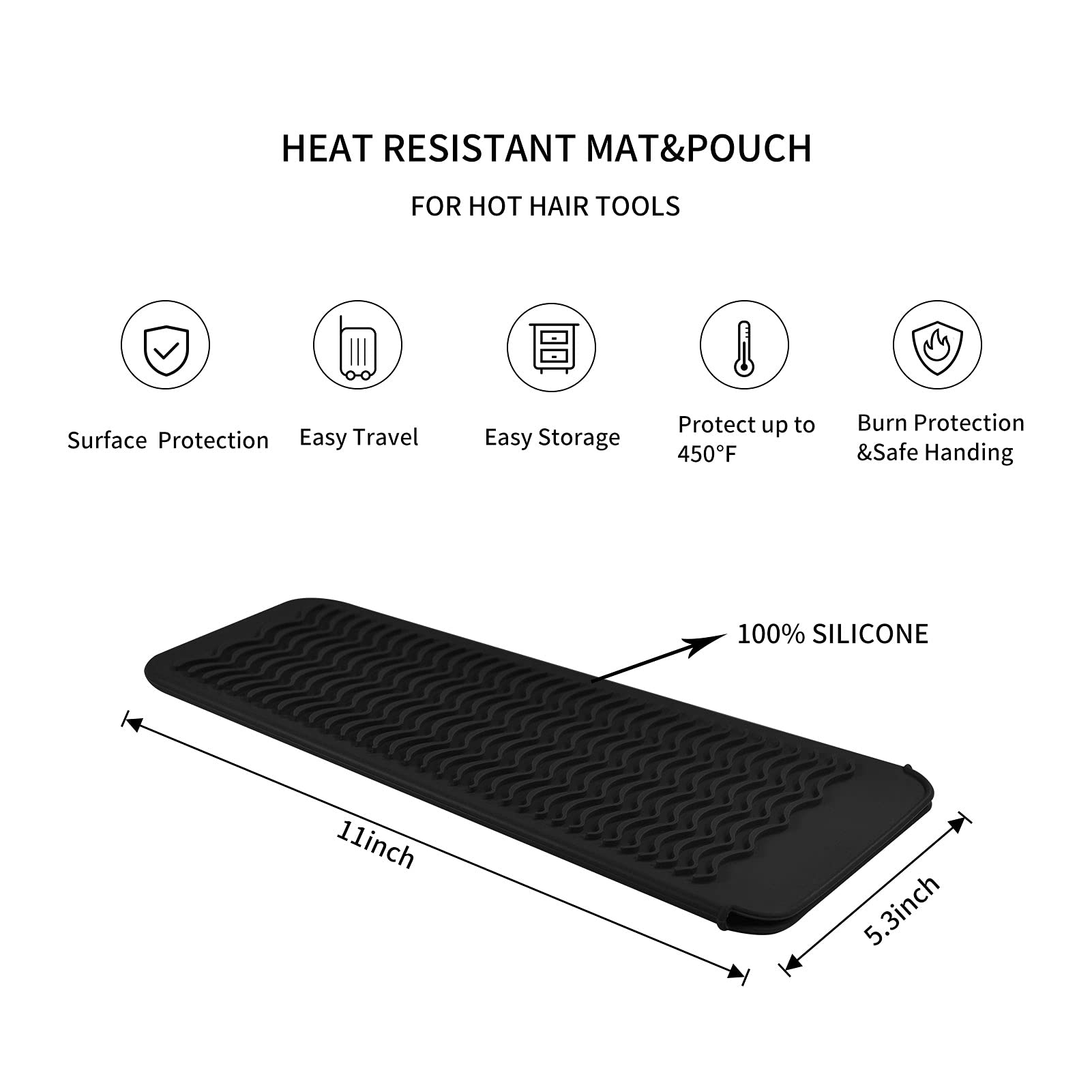 EIOKIT Silicone Heat Resistant Travel Mat Pouch for Hair Straightener,Crimping , Hair Curling Wand,Flat /Hair Waving Iron and Hot Hair Styling Tools (Black)