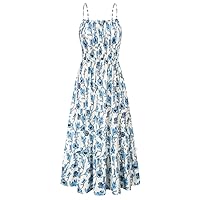 GRACE KARIN Womens 2024 Summer Maxi Dress Sleeveless Floral Spaghetti Strap Smocked Boho Beach Long Dress with Pockets