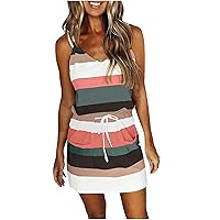 Women's Striped Summer Dresses Mini Sundresses Beach Sling Dress for Women V Neck Sleeveless Vest Dress with Pocket