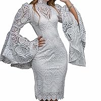 Women's Wedding Guest Dresses Lace Embroidery Flare Sleeve Dress Banquet Evening Long Dresses, S-XL