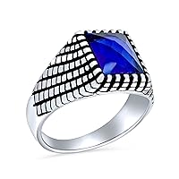 Personalize Unisex Vintage Style Scroll or Cobble Stone Cubic Zirconia CZ Simulated Blue Sapphire Statement Signet Ring For Men Oxidized .925 Sterling Silver Handmade In Turkey