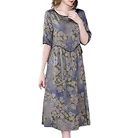 Floral Natural Silk Satin Midi Dress Summer Short Sleeve Light Loose Waist A-Line Dress Korean Vintage Dress