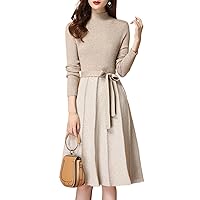 Autumn Winter Patchwork Long Sleeve Sweater Dress Women Knitted A-Line Pleated Dress Female Lace-Up Vestidos