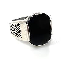 KAR 925K Stamped Sterling Silver Black Onyx Men's Plain and Elegant Ring K41Y