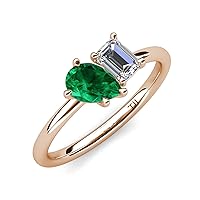 Pear Shape Lab Created Emerald & Emerald Shape Moissanite 2.00 ctw Four Prong Women 2 Stone Duo Engagement Ring 14K Gold