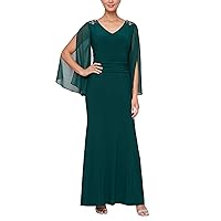 S.L. Fashions Women's Long Stretch Knit Embelished Cold Shoulder Ruched Gown