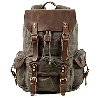 WUDON Leather Backpack for Men, Waxed Canvas Shoulder Rucksack Carry-On Travel Backpack
