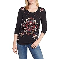 Lucky Brand Women's Embroidered Long Sleeve TEE, Black/Multi, XS
