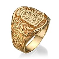 Ten Commandments Ring, 14k Yellow Gold, Handmade Gold Jewish Ring, Lion of Judah, Star of David Statement Men's Ring