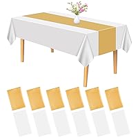 PLULON 12 Pack Plastic Tablecloth and Satin Table Runner Set White Rectangle Table Cover Gold Table Runner for Wedding Birthday Christmas Baby Shower Party Picnic Kitchen Dinning Table Decorations