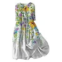 Summer Dresses for Women Half Sleeve Button Ruffle A Line Flowy Midi Dress Floral Print V Neck Sundress