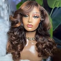 Body Wave Ombre #4 Brown Highlight Colored 13x6 HD Transparent Lace Front Wig 180% Density Glueless Human Hair Wig Body Wave Wig Brazilian Remy Preplucked Ready To Wear Wigs For Black Women 28 Inch