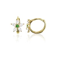 14K Yellow Solid Gold 8mm Flower AAA Cubic Zirconia Huggie Earrings | In 5 Colors: Emerald, Pink, Red, Sapphire and Yellow | 8x10mm | Solid Gold Huggie Earrings for Women and Girls