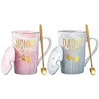 LOZACHE Mom Dad Est. 2022 Coffee Mugs With Lid Spoon, New Parents Gifts for Mother Father Birthday Christmas Day, Couple Set Gifts for Mommy Daddy First Time (Pink & Grey 2022)
