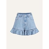 Jean Shorts Womens Ruffle Hem Denim Shorts (Color : Light Wash, Size : 27)