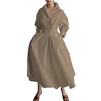 Women's Maxi Shirt Dress 3/4 Sleeve Elastic High Waist Button Fashion Casual Loose Flowy Long Dresses with Pockets