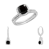 Dazzlingrock Collection Cushion Black Sapphire and White Diamond Halo Ring & Dangle Drop Earrings Set for Women in 14K White Gold