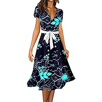 Summer Dresses for Women 2024 Floral Print Bohemian Elegant Leisure with Shrot Sleeve V Neck Tunic Dress