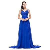 Royal Blue Sheer Lace Bodice Sweetheart Chiffon Evening Gown