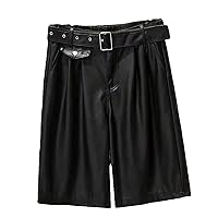 PU Leather Pants for Women Black High Waisted Belted Pockets Straight Knee Length Ladies Shorts Plus Size