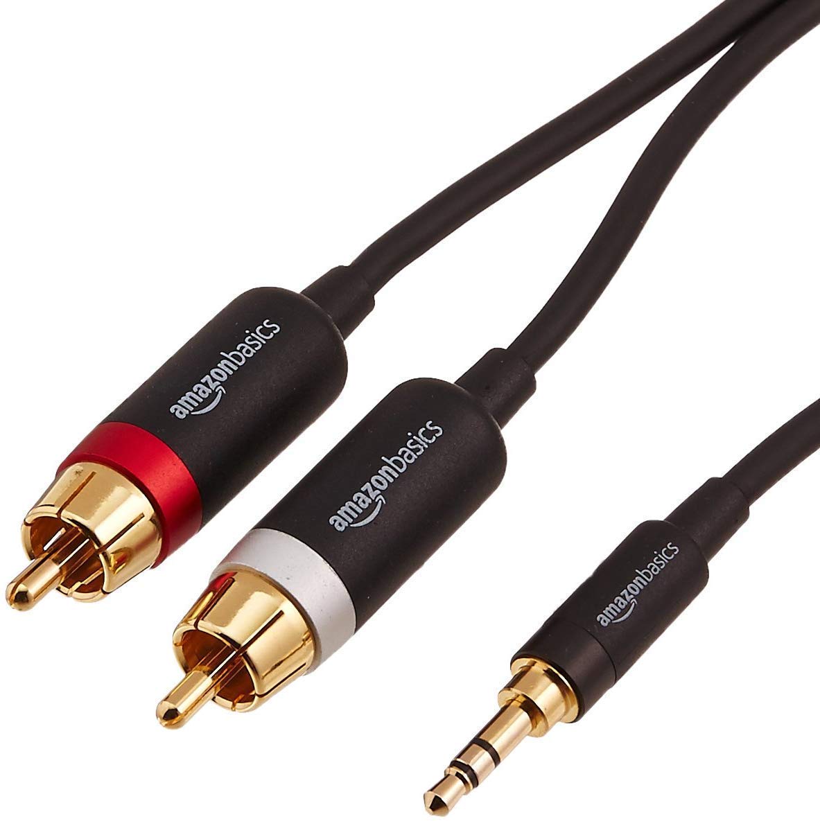 Amazon Basics 3.5mm Aux to 2 RCA Adapter Audio Cable for Stereo Speaker or Subwoofer with Gold-Plated Plugs, 4 Foot, Black