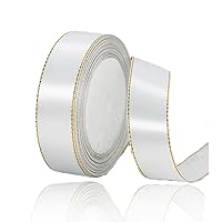 White Satin Ribbons 1 Inch x 25 Yards, Fabric Ribbon with Gold Edges Border for Gift Wrapping, DIY Crafts, Floral Bouquets, Hair Bows, Sewing Projects, Baby Shower and Wedding Party Decorations