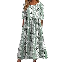 Women's Casual V Neck Pleated Maxi Linen Dress Summer Half Sleeve Loose Linen Dresses with Pockets