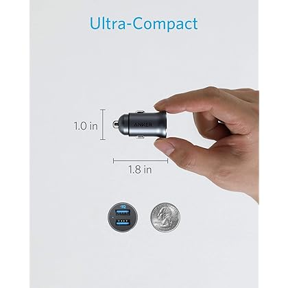 Anker 320 Car Charger (24W II), Mini Aluminum Alloy Dual USB with Blue LED for iPhone 14 13 12 Pro Max mini X XS XR, iPad Pro/Air 2/Mini, Galaxy and more (Not Compatible with Quick Charge)