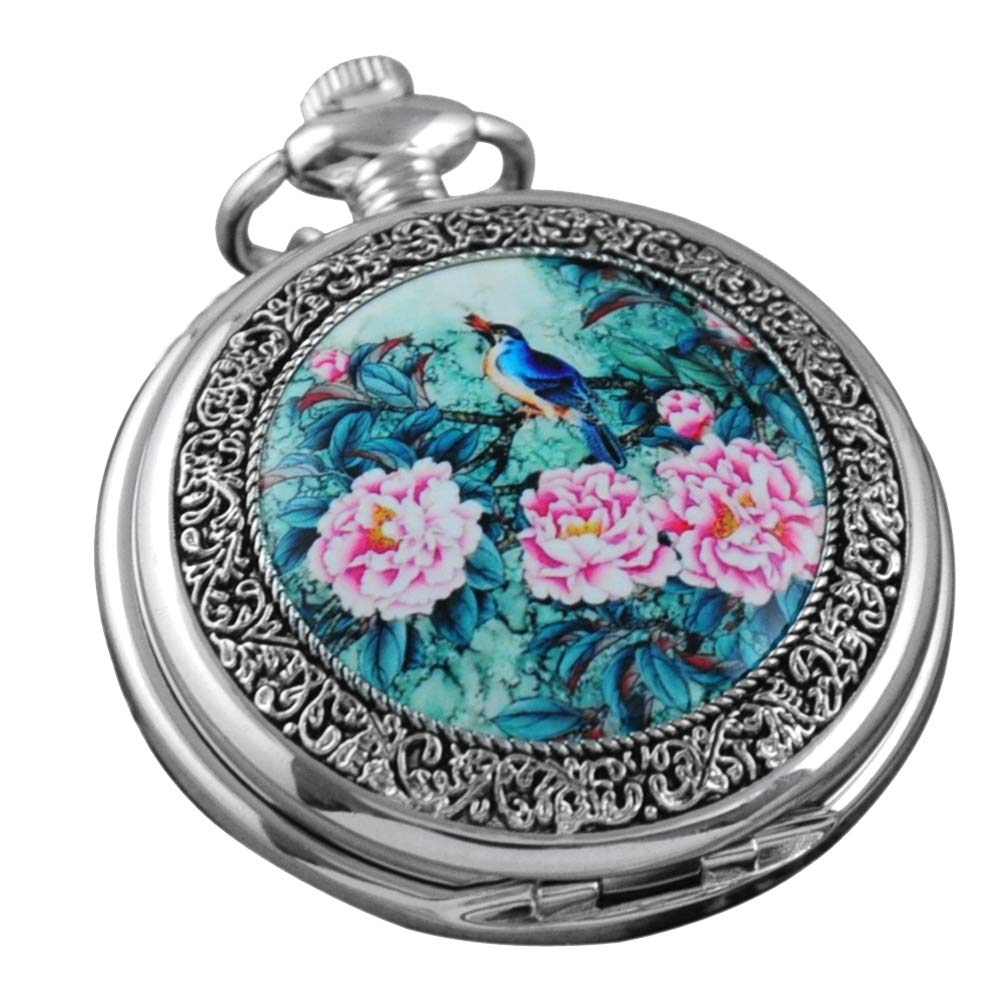 VIGOROSO Quartz Beautiful Peony Bird Enamel Painting Steampunk Silver Pocket Watches in Box