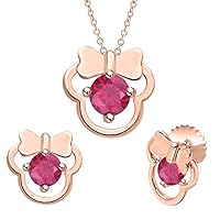 Cute Minnie Mouse 14k Rose Gold Over Sterling Silver Gemstone Earring Pendant Set for Girl's
