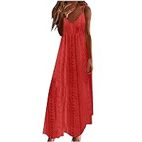 Women's Eyelet Embroidery Long Dress V Neck Boho Spaghetti Strap Maxi Dress Long Beach Sundress Vacation Outfits (Medium, Red)