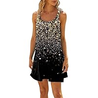 Sundresses for Women 2024 Beach Dress for Women 2024 Summer Print Fashion Sparkly Loose Fit with Sleeveless Round Neck Ruched Dresses Black Large