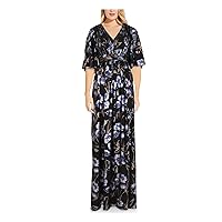 Adrianna Papell Womens Black Pleated Zippered Metallic Floral Kimono Sleeve V Neck Full-Length Evening Gown Dress 4