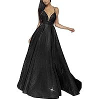 Women's V-Neck Prom Dresses Long Sparkly Ball Gown Side Split Glittery Spaghetti Formal Evening Gowns with Pockets