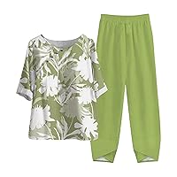 FunAloe Womens Casual Two Piece Outfits Set Linen Co Ord Sets For Women Loungewear Sets Yoga Sets 2 Piece Casual Button Two Piece Wide Leg Womens 2 Piece Outfit Summer Half Sleeve Creweck Cropped Top